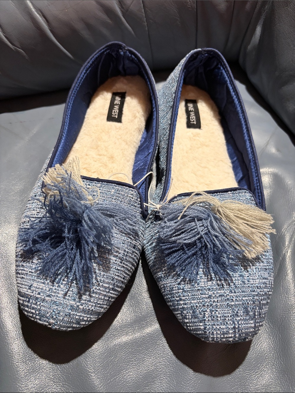 Nine West Blue Tweed Tassel house shoes
